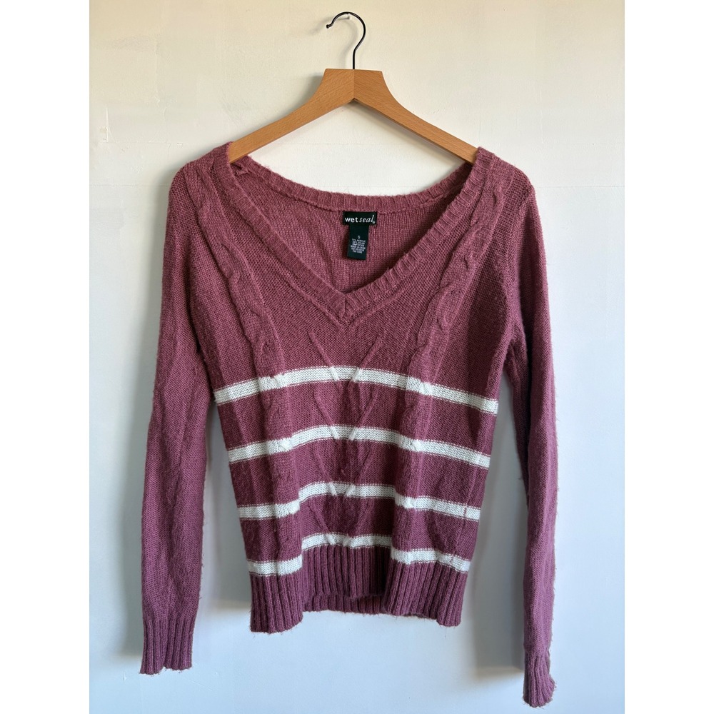 Wet Seal Y2K Womens V-Neck Cable Knit Striped Sweater Mauve Pink White Small